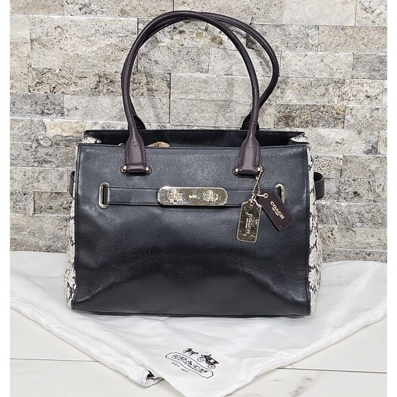 Coach Leather Swagger Carryall Satchel Black Exotic Color Block Bag Purse 36498 - Picture 1 of 16